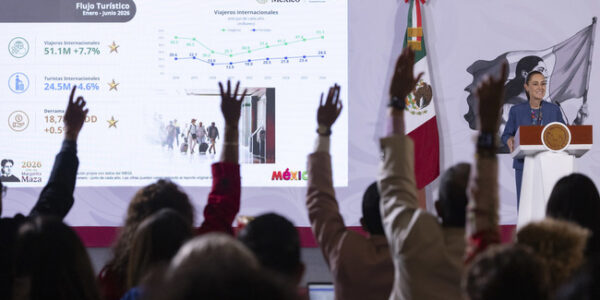 Presidenta destaca récord histórico de 51.1 millones de viajeros internacionales en primer semestre del 2026; es 7.7% más que en 2025 13 post 2026 08 13 Conferencia de prensa matutina. Palacio Nacional 08 CRM
